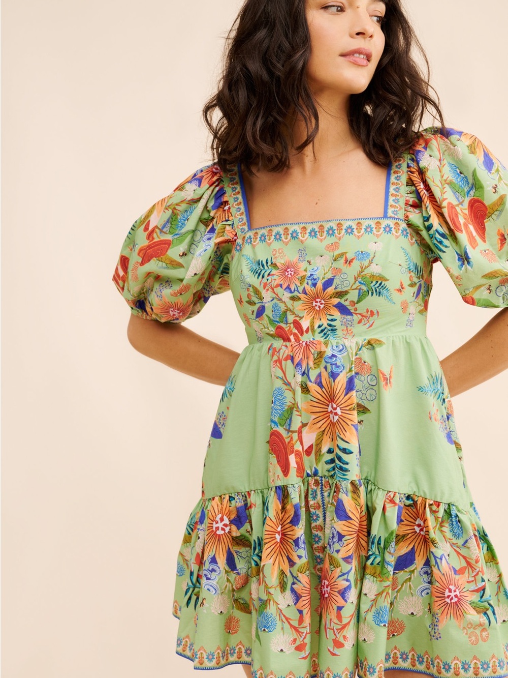Farm Rio Floral Puff-Sleeve Mini Dress in Light Green